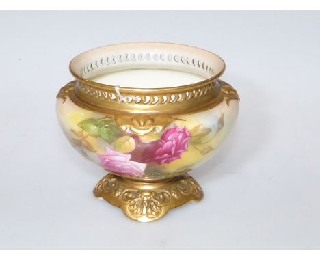 Royal Worcester rose painted bowl with pierced rim, signed M. Hunt No. 166