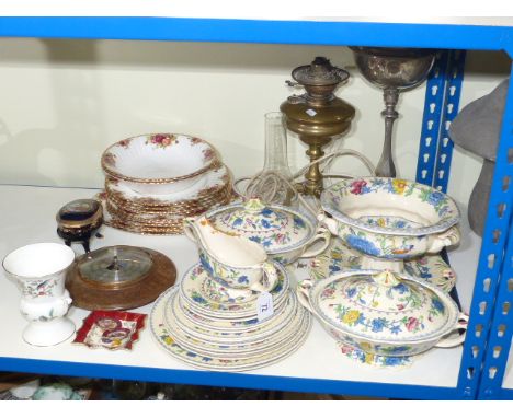 Two converted oil lamps, Masons Regency and Royal Albert Country Roses dinnerware, barometer, etc