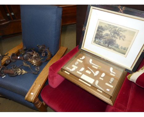 Ornate metal eight branch chandelier and pair of twin branch wall lights, set of four prints and framed clay pipe collection