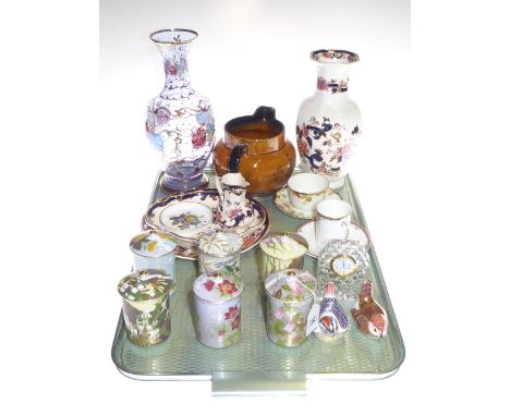 Six Japanese lidded pots, two Royal Crown Derby bird paperweights, Masons Mandalay vase, jug and two plates, Italian enamel p