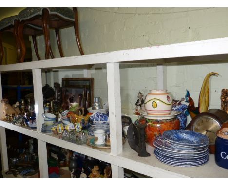 Blue and white china, scales, barometer, pair of brass candlesticks, mantel clock, pictures and various china