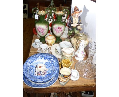 Pair of Staffordshire pottery dogs, ships decanter, pair of pottery vases, Capodimonte figures