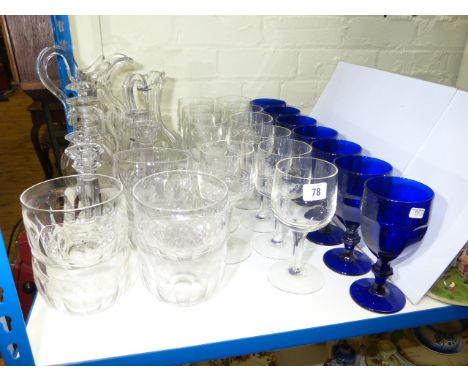 Triple ring neck decanter, two glass jugs, two pairs of candlesticks, six finger bowls, seven blue glass goblets and eleven c