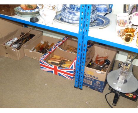 Scroll saw and five boxes of tools including chisels, saws, planes, drills, etc