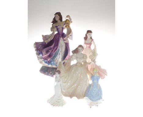 Franklin Mint Emily Bronte 'Katherine' figure, two Royal Worcester figures 'Viennese Waltz' and 'Coquette' and two Coalport f