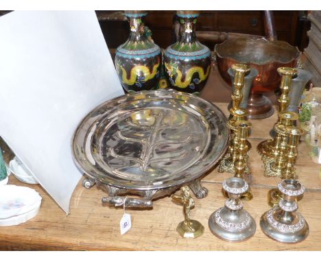 Pair of Cloisonne vases, copper planter, three pairs of brass candlesticks, pair of pewter vases, silver plated oval meat dis