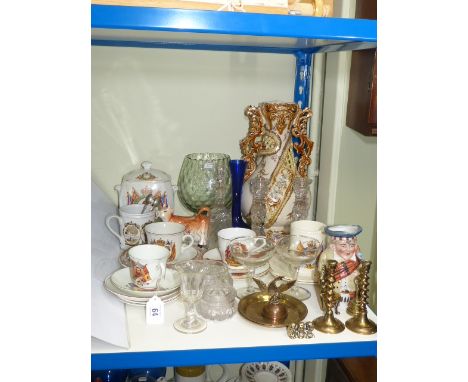 Commemorative cups and saucers, Ringtons caddy, glassware, brassware, etc