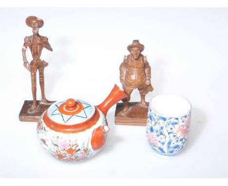 Pair of wood figures, Chinese beaker and an Oriental teapot