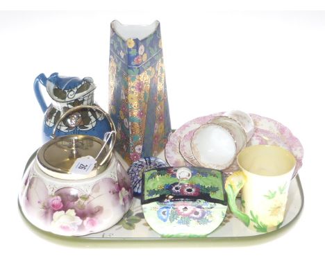 Grimwades biscuit barrel, Maling lidded box, glass paperweight, vase, two Aynsley cups, saucers and plates