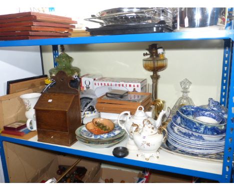 Oak candle box, willow pattern and other blue and white china, wall light, oil lamp, pictures cut glass decanter, etc
