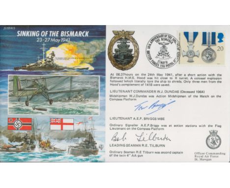 WW2 Sink the Bismarck cover signed by Ted Briggs and R Tilburn, two of the only three survivors of the loss of HMS Hood. JS50