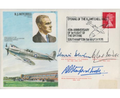WW2 Top Battle of Britain aces signed R J Mitchell Spitfire cover. Signed by Grp Capt Douglas Bader DSO DFC, AVM Johnnie John