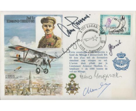 WW2 aces Chuck Yeager, Adolf Galland multiple signed Edmond Thieffry cover also signed by Heinz Marquardt KC. Brigadier Gener