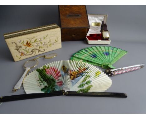A MIXED GROUP OF COLLECTABLES including a vintage pair of lorgnettes, two lidded box, a vintage Ernex wristwatch with leather