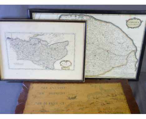 ROBERT MORDEN two antique framed maps - Norfolk and Kent, along with a modern printed panel with map of Canada, 37.5 x 59cms,