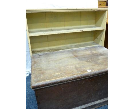 A PINE CARPENTER'S CHEST, no interior box and a three shelf painted open bookcase