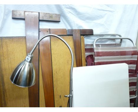 A WHITE METAL SWAN NECK STANDARD LAMP, two garden chairs and a Draughtman's board with set squares ETC