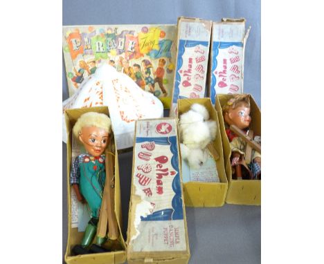 THREE VINTAGE PELHAM PUPPETS, nursery rhyme book and a vintage style glass ceiling light shade with classical detail, two pup