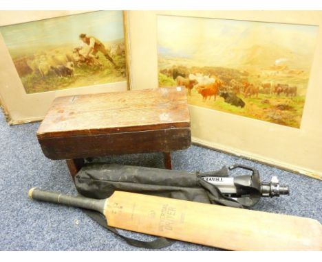 A PAIR OF RURAL PRINTS - 'Farmer and Sheep with his dog' and 'Group of Highland Cattle Grazing', a cricket bat, a photographi