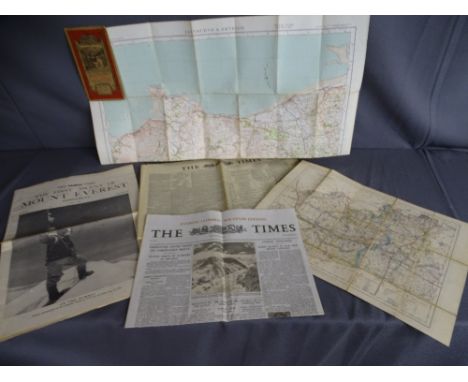 'THE FIRST ASCENT OF EVEREST', The Times newspapers and supplements with two vintage folding maps of Surrey and Llandudno and