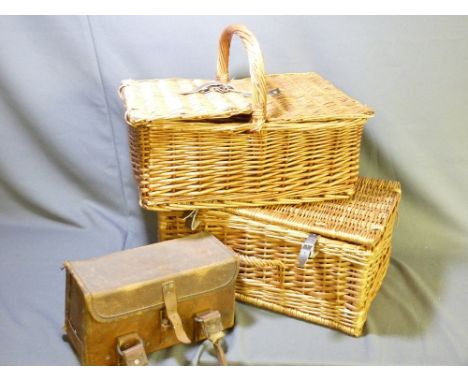 TWO WICKER PICNIC BASKETS and a vintage, possibly medical, carrying bag with Broad Arrow mark, dated 1956