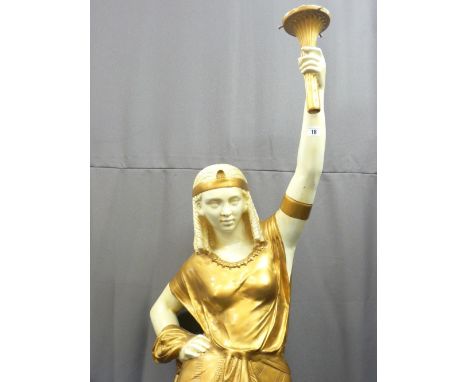 A CLASSICALLY STYLED FLOOR STANDING FIGURAL LAMP of an Egyptian girl with painted gilt detail holding a lamp fitting aloft st