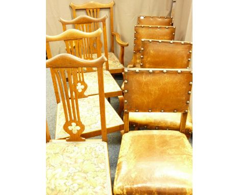 TWO SETS OF VINTAGE OAK DINING CHAIRS including a (3 + 1) set, high back with pierced central splat and a set of four rexine 
