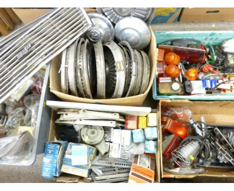 VINTAGE CAR PARTS, a large collection to include 'Hillman Hunter/Singer Vogue' including metal hub caps, various light fittin