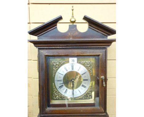 A REPRODUCTION GRANDMOTHER CLOCK with brass dial, two tier light oak coffee table with end of shelf drawers and a cobalt blue