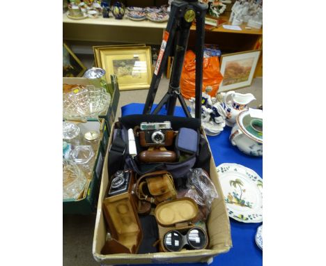 3A PARCEL OF VINTAGE CAMERA EQUIPMENT including Zeiss Icon box camera and similar and a modern tripod