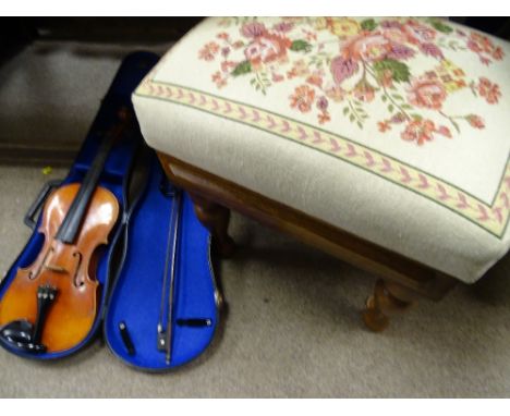 A MODERN CASED VIOLIN AND BOW and a neatly upholstered tapestry topped music stool