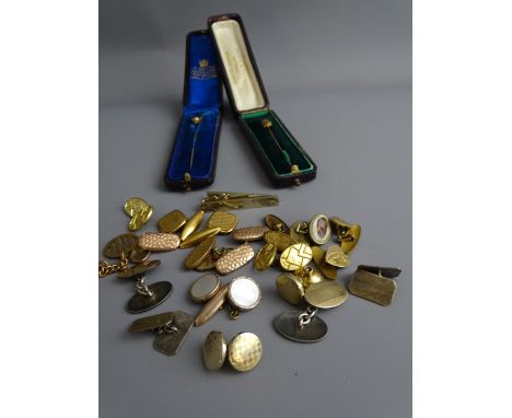 TWO CASED VICTORIAN STICKPINS, two sets of 9ct gold on silver gent's cufflinks along with a further quantity of gilt metal cu