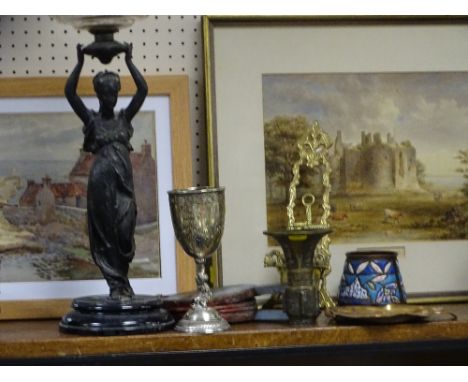 A VICTORIAN FIGURAL OIL LAMP, vintage metalware ETC to include a Continental Art Nouveau dish depicting a stylised maiden, an
