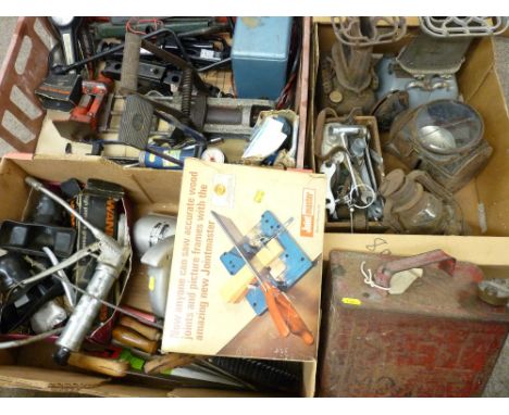 VINTAGE SHELL PARAFFIN CAN, railway lantern, paraffin lamp, Black and Decker heavy duty saw, a Wanner grease gun, Halfords ba