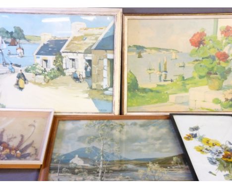 R WINTZ two colourful prints, a hand painted glass panel of pansies, a framed print by Owen Reynolds ETC, 46.5 x 62cms the la