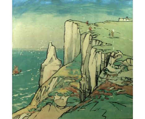 An early 20th century print/travel poster featuring walkers on the top of white cliffs, probable Dover, or the Isle of Wight,