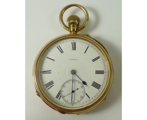 A Victorian 18ct gold pocket watch, open faced, keyless wind, the white enamel dial with subsidiary second dial, black Roman 