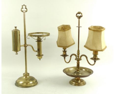 Two vintage adjustable brass table lamps, one with twin holders and lamp shades, 37 by 48cm, the other a single, 26 by 52cm. 