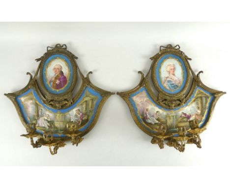 A pair of 18th century Sevres wall sconces, painted by Jean Baptiste Etienne Genest (French, 1752-1788), each with three ormo