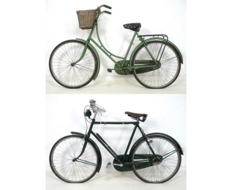 Two vintage bicycles, circa 1930's, both painted green, a lady's, 190 by 44 by 116cm high, and a gent's, 175 by 54 by 105cm h