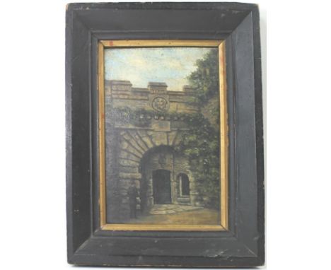 King Charles Gate, Barn Hill, Stamford, oil on panel, with label verso from the 'Stamford Museum, circa 1850, artist unknown,