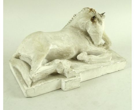 A mid 20th century metal framed plaster sculpture of a mare lying down, her mane hogged, incised to base K M Blomfield, Octob