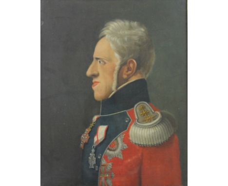 A 19th century portrait of King Frederick VI of Denmark (1768-1839) in profile, with various medals to his red coat, oil on c