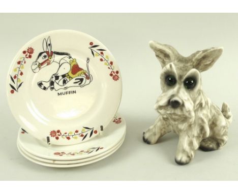 A Goebel Hummel night light modelled as a West Highland Terrier, 8.5 by 11.5 by 13cm, together with four Muffin the Mule plat
