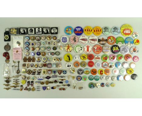 A large collection of vintage pin badges, mostly 1950s onwards, examples such as Snoopy, WWF, Supergirl, Mr Men, Red Arrows, 