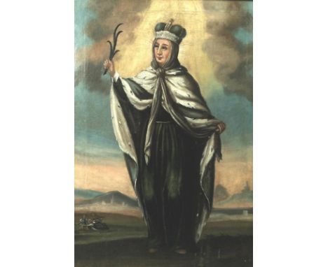 A 19th century portrait of a female saint, probably Saint Lucy of Syracuse, with a crown and wearing an ermine cloak about he
