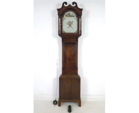 A 19th century mahogany cased long case clock, cream painted domed dial with floral sprays and cottage to arch, signature rub