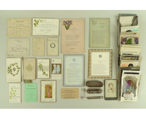 A collection of 19th and 20th century postcards, dance cards, visiting cards and invitations, including a programme and dance