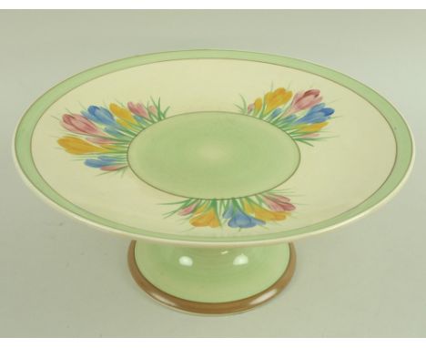 A Clarice Cliff comport / cake stand, pattern 'Spring', stamp to base, 23 by 10cm.