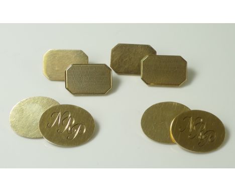 Two pairs of 9ct gold chain link cufflinks, one pair oval and monogrammed with 'NRP', the other pair of rectangular form with